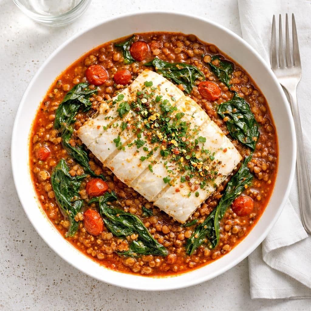 Ovnsbakt torsk med linser, spinat og tomatsaus