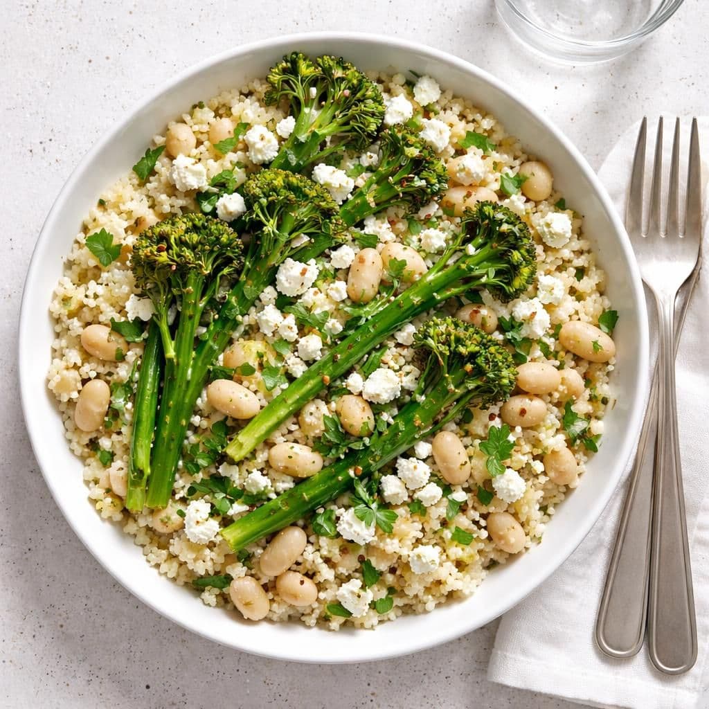 Couscous med hvite bønner, brokkolini og fetaost