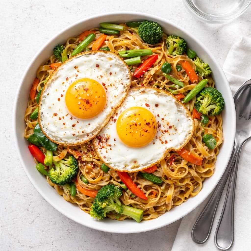 Eggnudler med grønnsaker og egg i wok