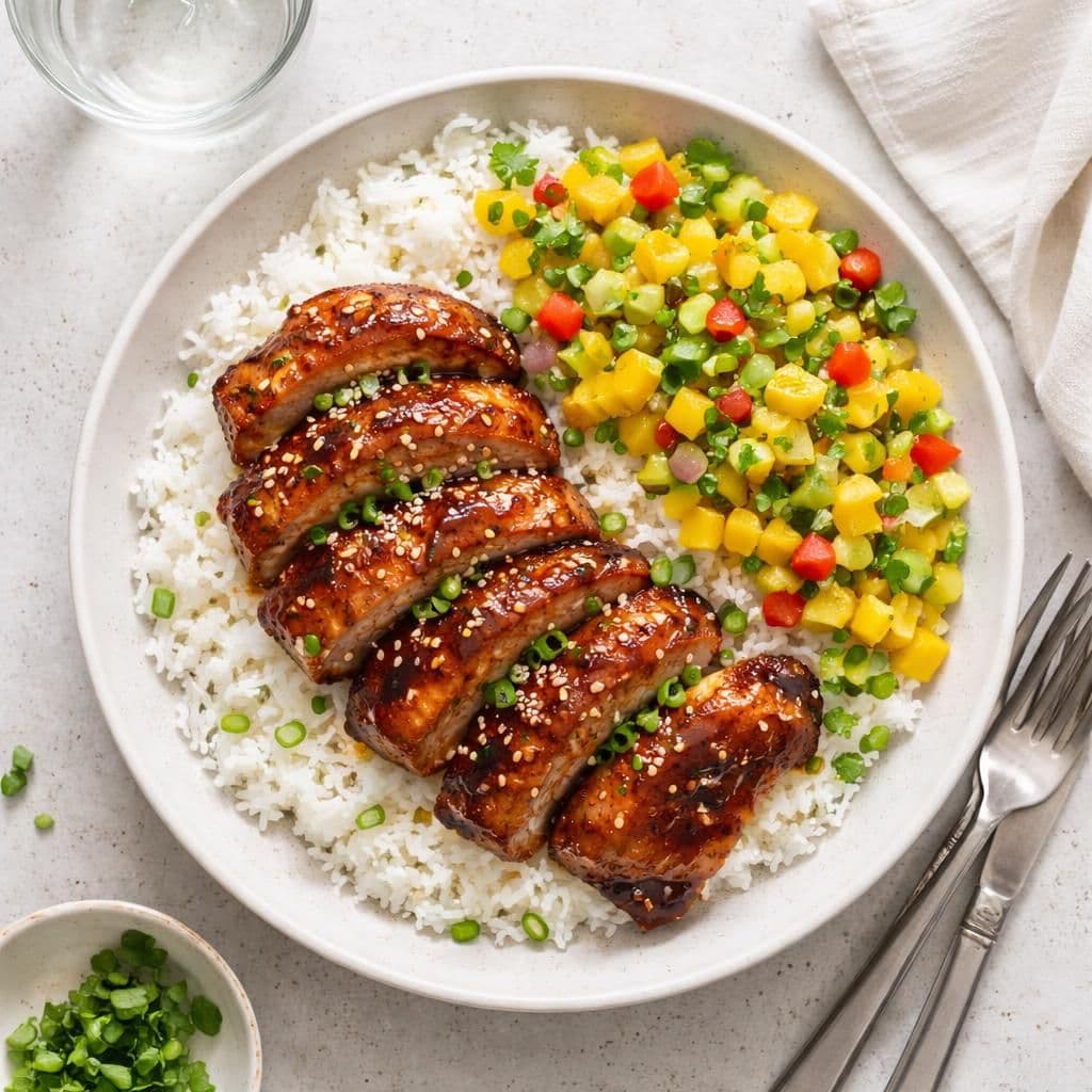 Korean BBQ svineindrefilet med ris og mangosalsa