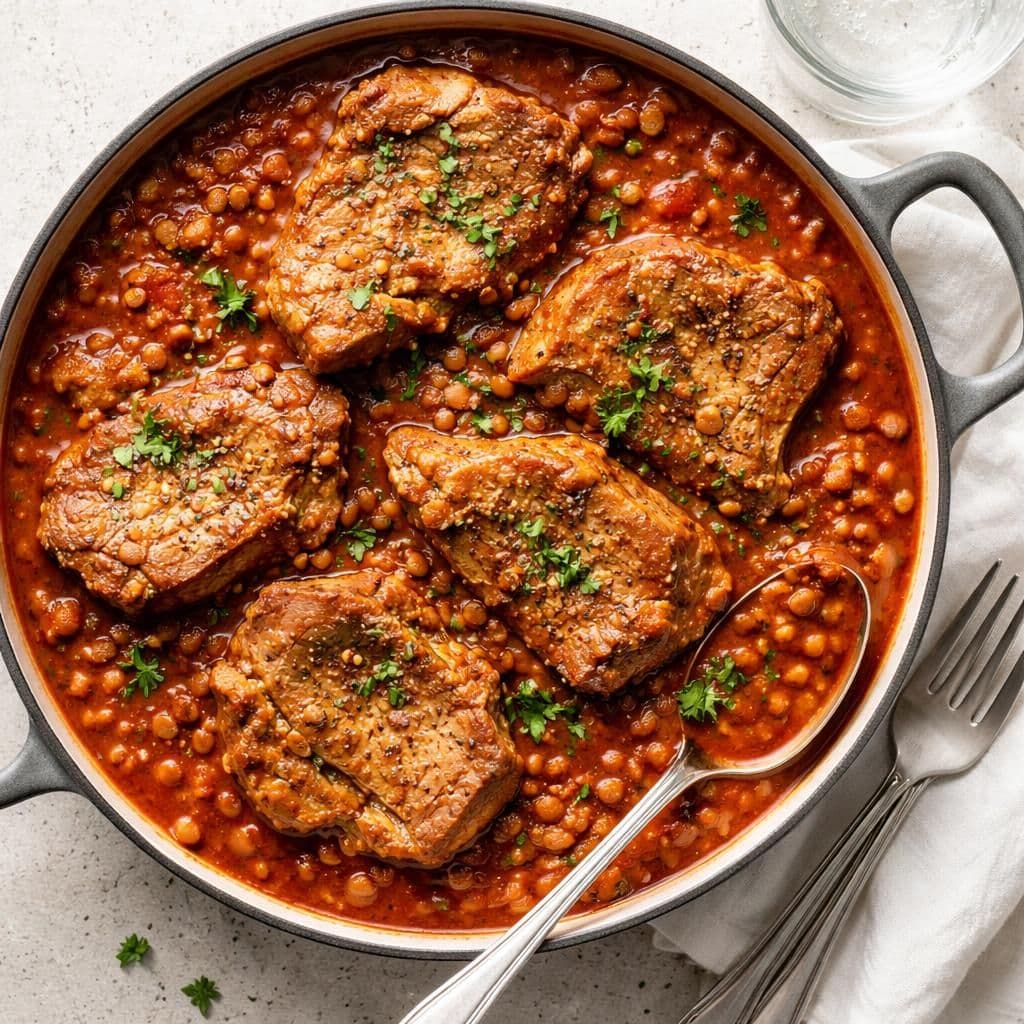 Nakkekoteletter i gryte med linser og tomatsaus