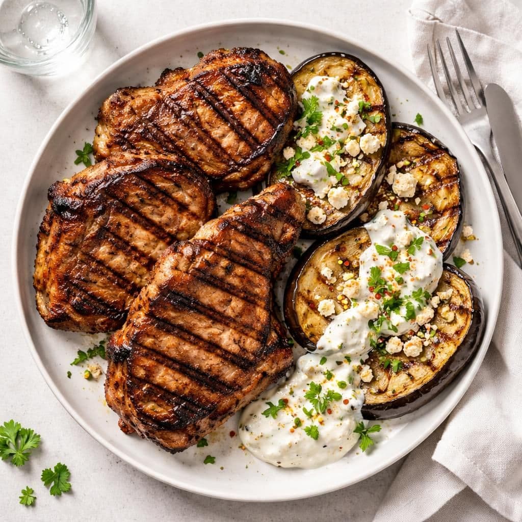 Sommerkoteletter på grill med aubergine og fetaost