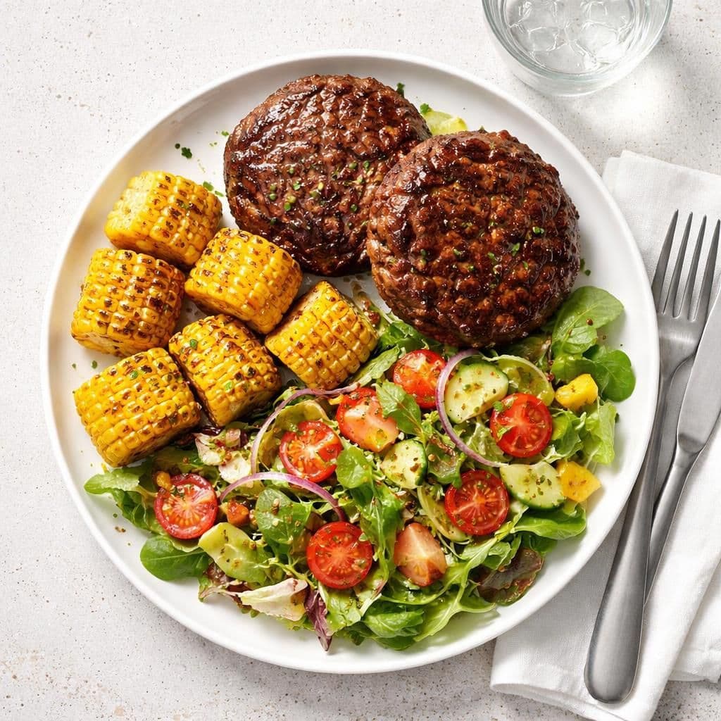 Storfe burgere med maisbiter og salatmix