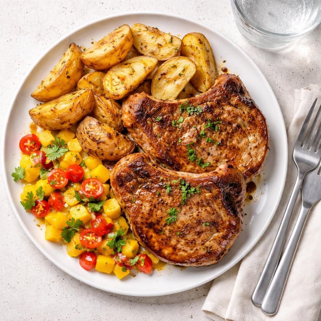 Sommerkoteletter ovnsbakt med bakepoteter og mangosalsa