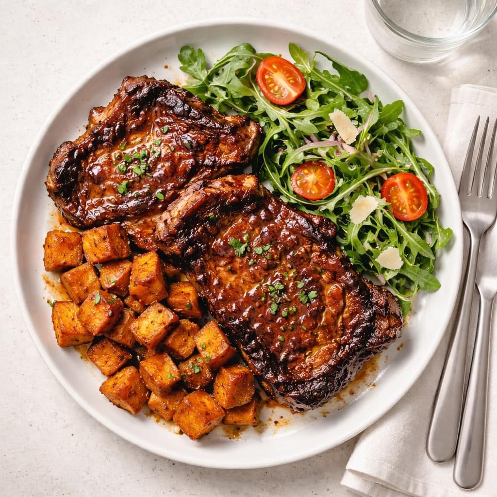 Nakkekoteletter BBQ med søtpoteter og salat