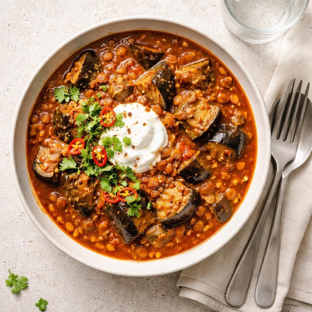 Aubergine og linsekarri med gresk yoghurt