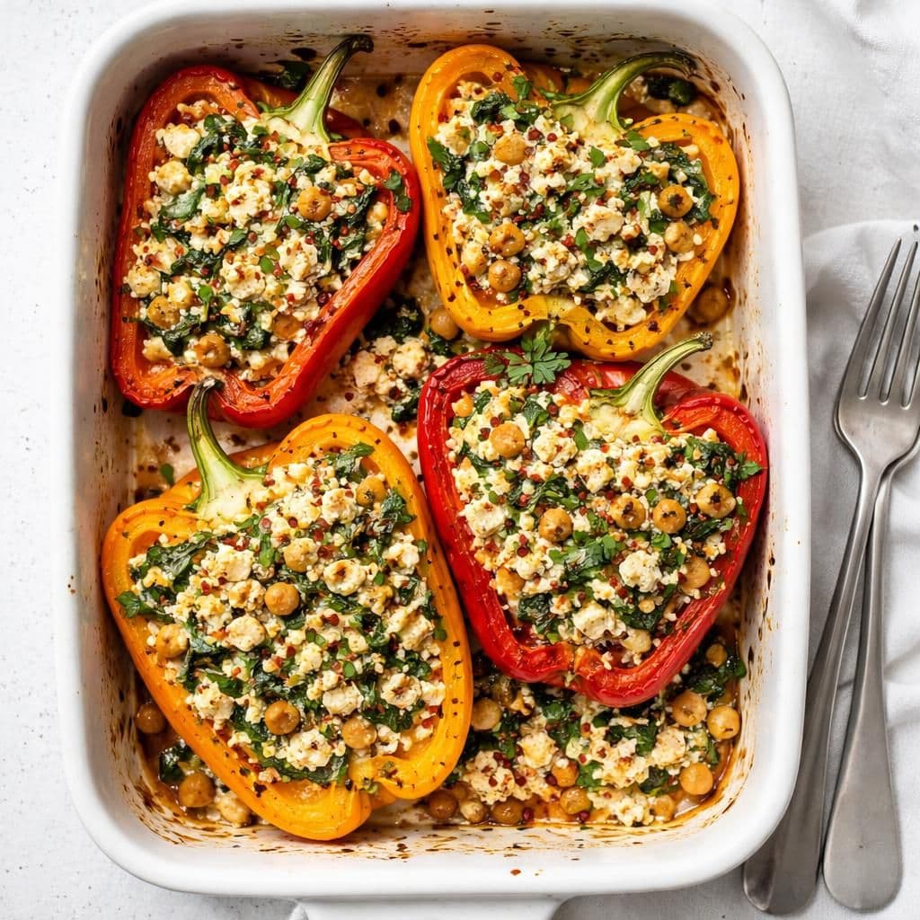 Fetaost og spinatfylte paprika bakt i ovn
