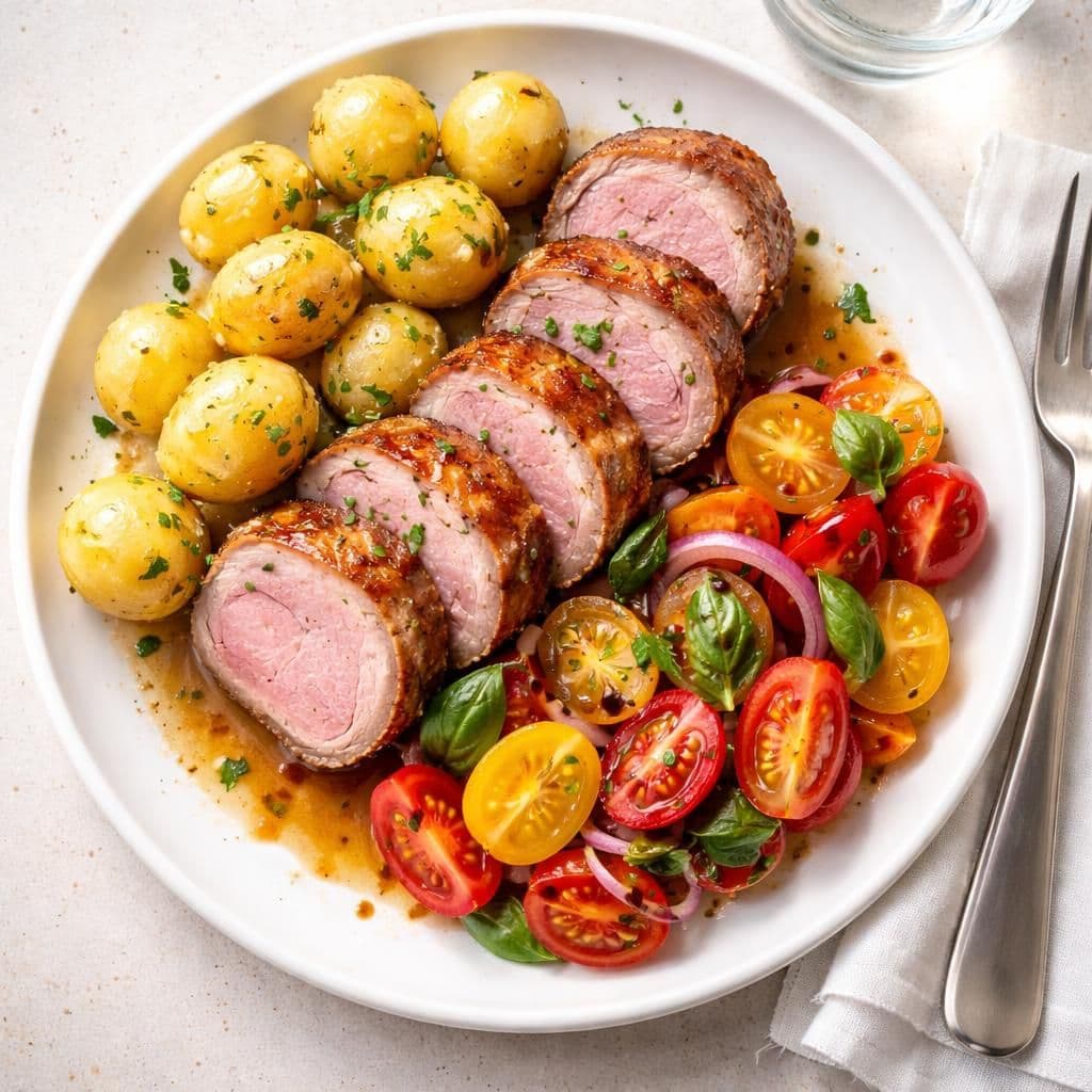 Svin indrefilet med perlepotet og regnbuetomatsalat