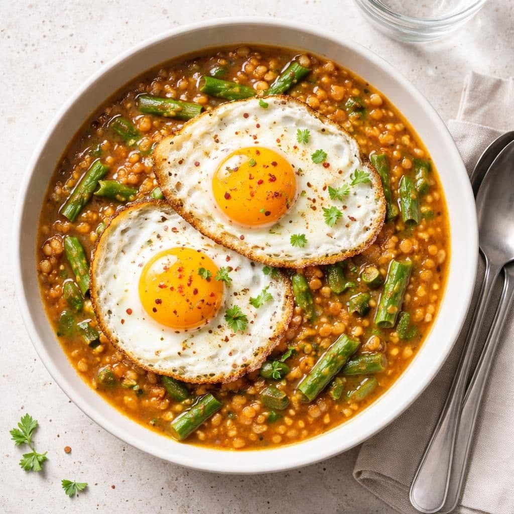 Linsesuppe med asparges og stekte egg
