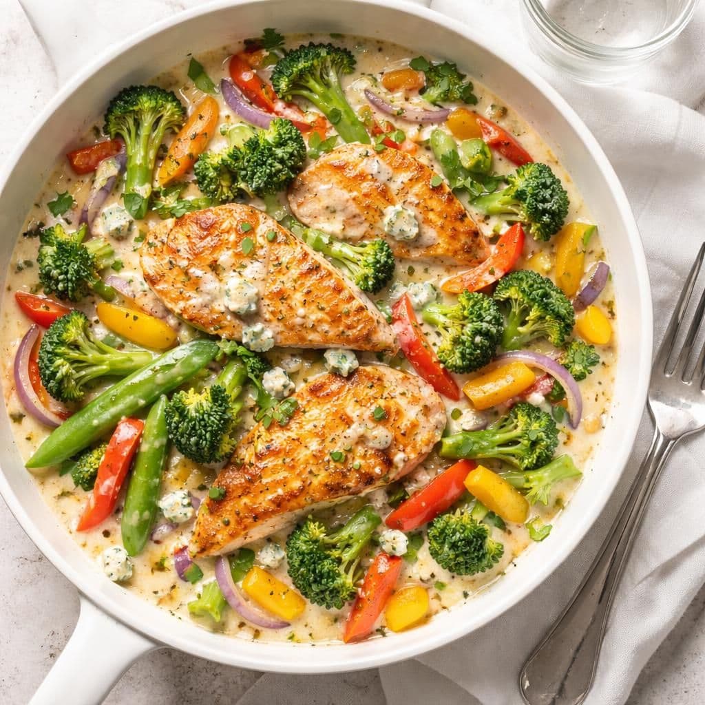 Kyllingfilet wok med grønnsaker og selbu blå ostesaus