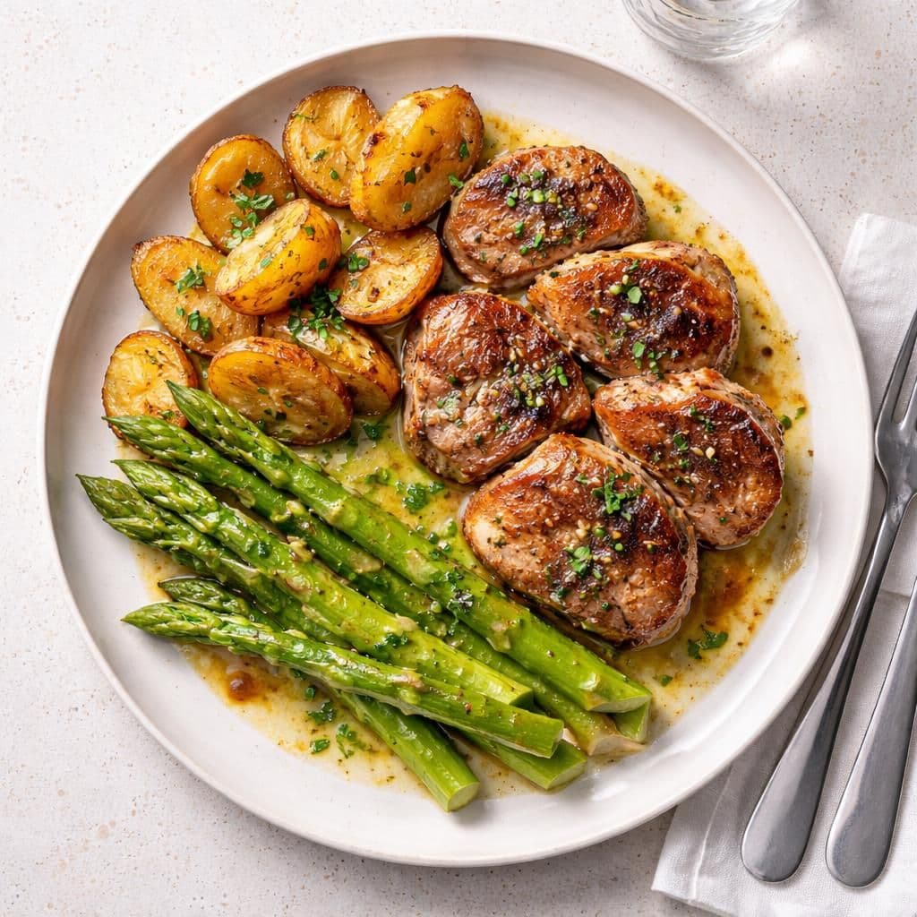 Svinegrillfilet med asparges og mandelpotet