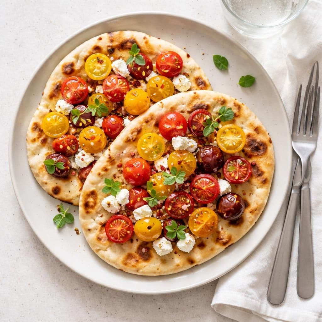 Gresk yoghurtflatbrød med regnbuetomater og feta