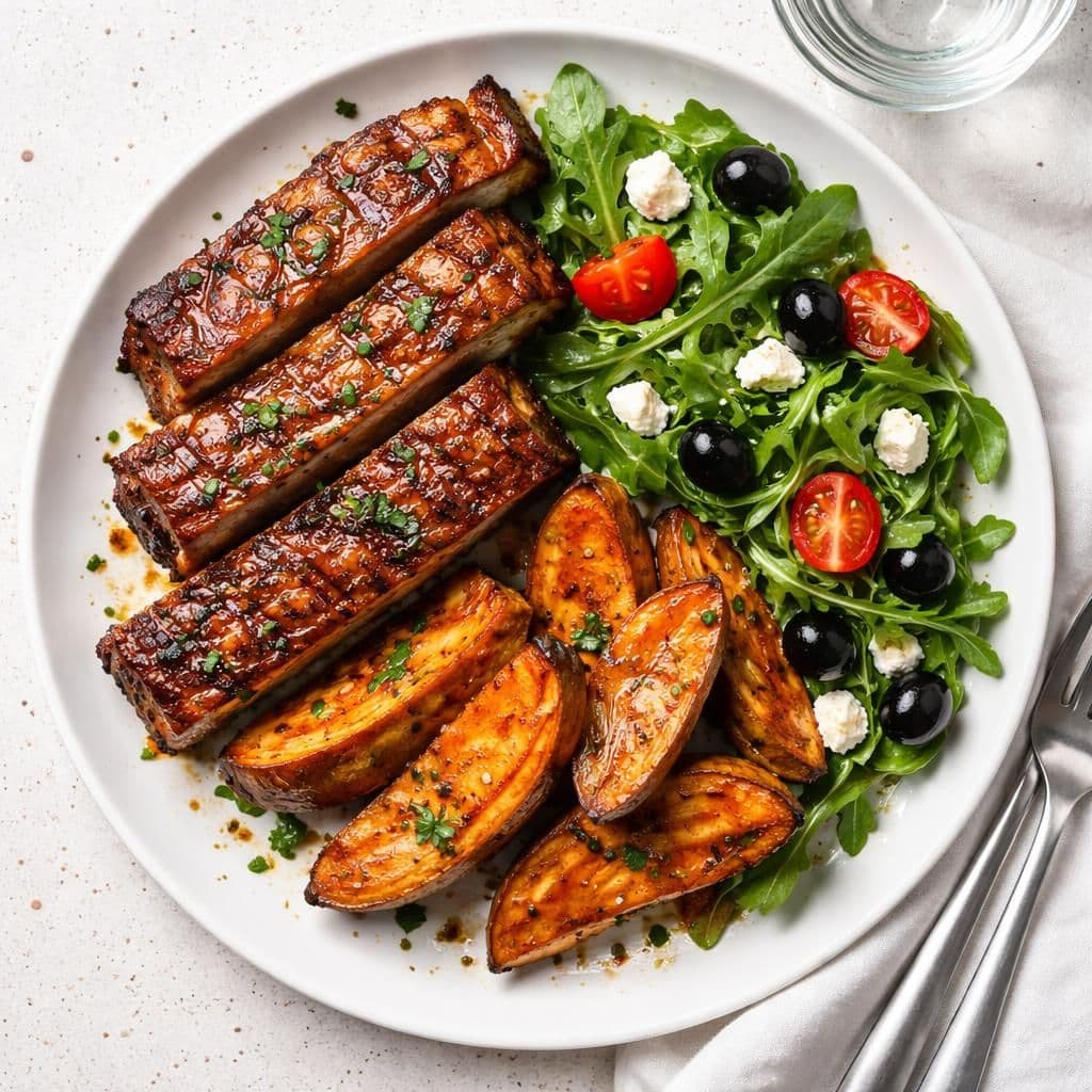 Krydret grillribbe med søtpotet og rucculasalat