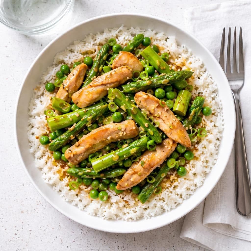 Kyllingfilet wok med asparges, erter og basmatiris