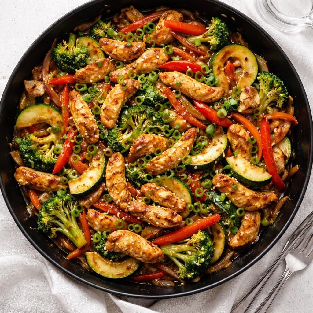 Strimlet kyllinglår wok med squash og grønnsaker