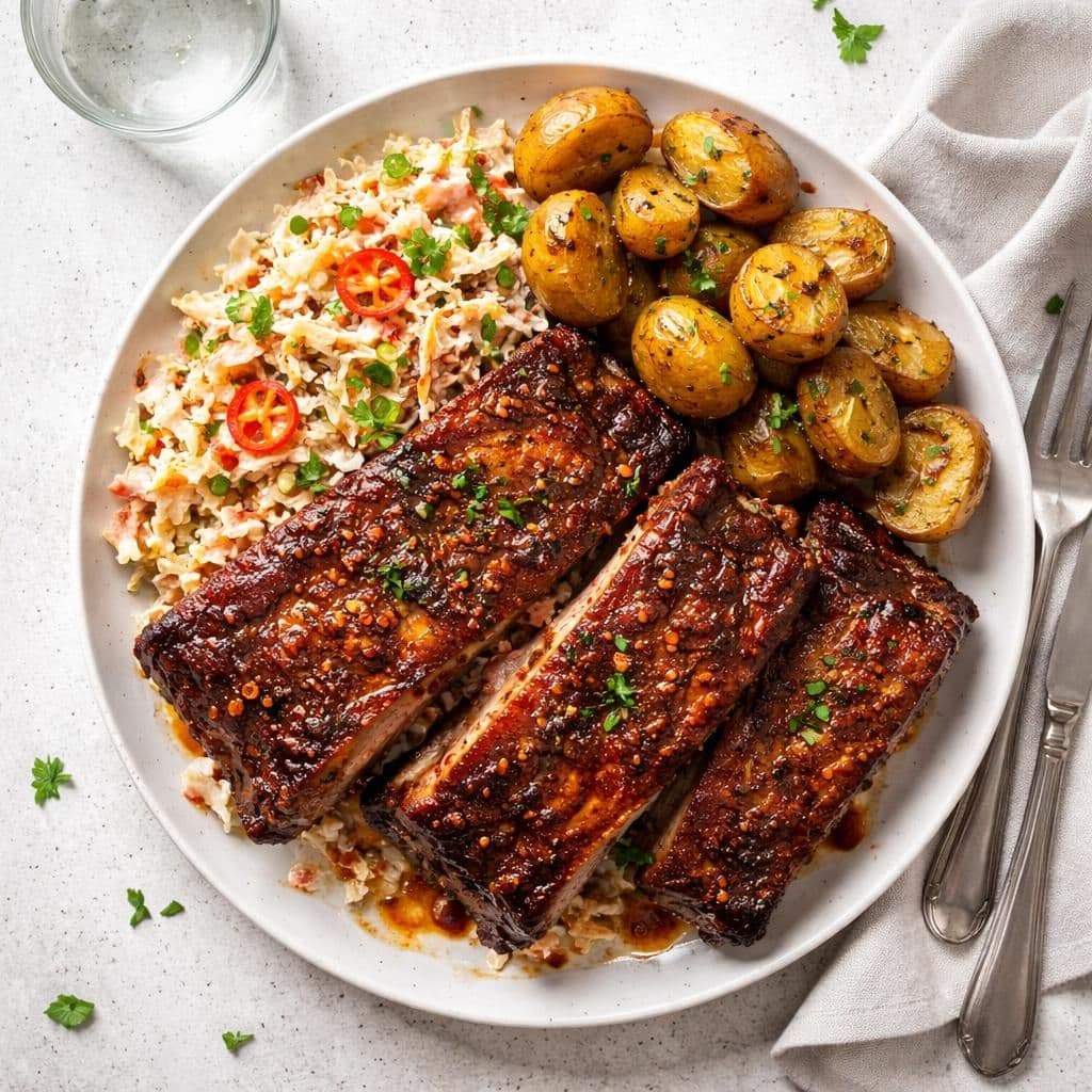 Krydret grillribbe med spicy coleslaw og poteter