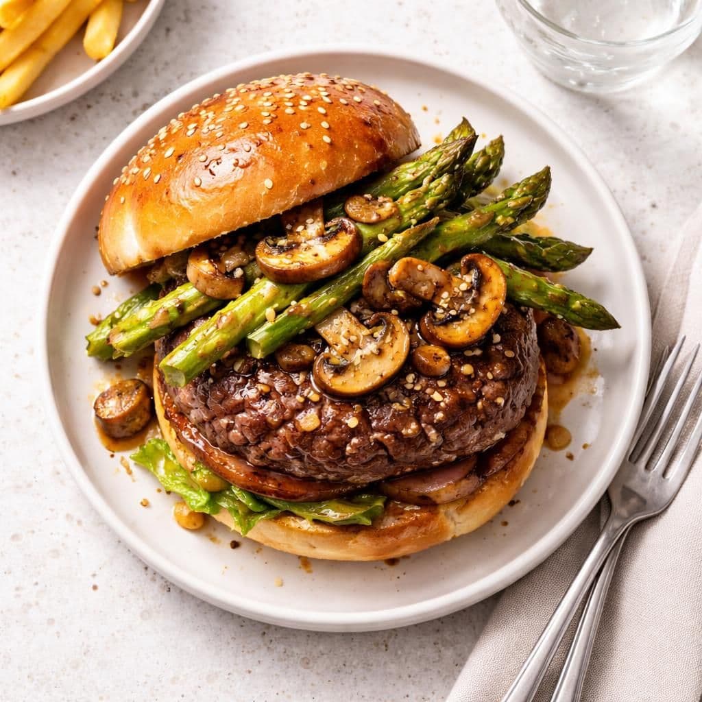 Big beefy burger med aromasopp og grønn asparges