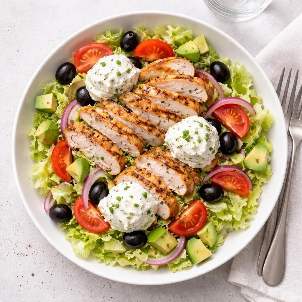 Kalkun grillskiver med gresk salat og hvitløksost – middag fra Bunnpris uke 21