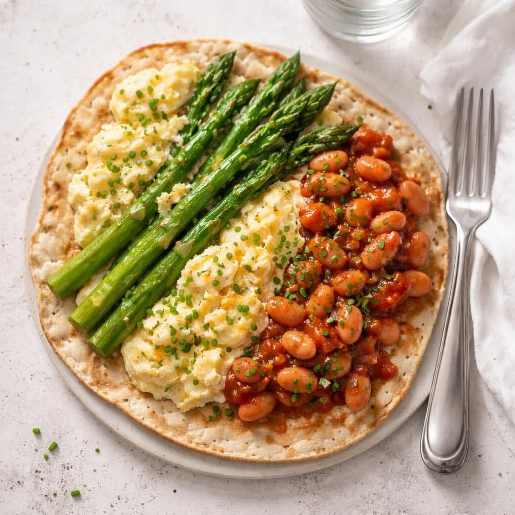 Eggerøre med asparges og tomatbønner på flatbrød – middag fra Kiwi uke 21