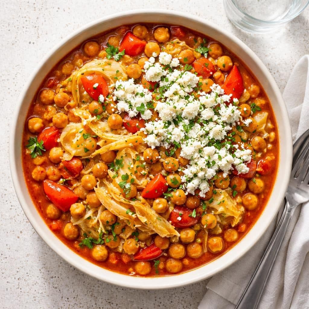 Kikertgryte med nykål, paprika og salatost – middag fra Coop Extra uke 21
