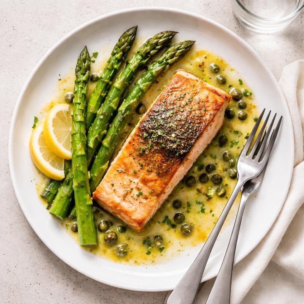 Laksefilet stekt med asparges og smørsaus – middag fra Meny uke 21