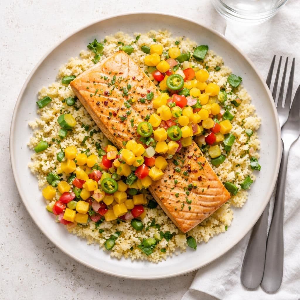 Ovnsbakt laks med couscous og mangosalsa – middag fra Rema 1000 uke 21