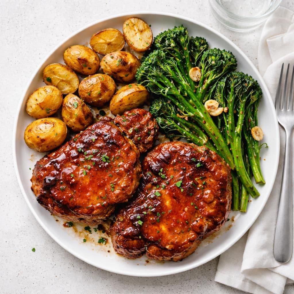 Nakkekoteletter svin BBQ med brokkolini og bakepoteter – middag fra Kiwi uke 21