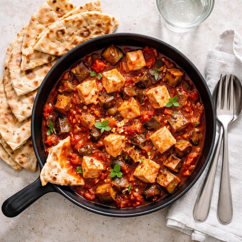 Laks og aubergine i tomatsaus med piadini – middag fra Coop Extra uke 21