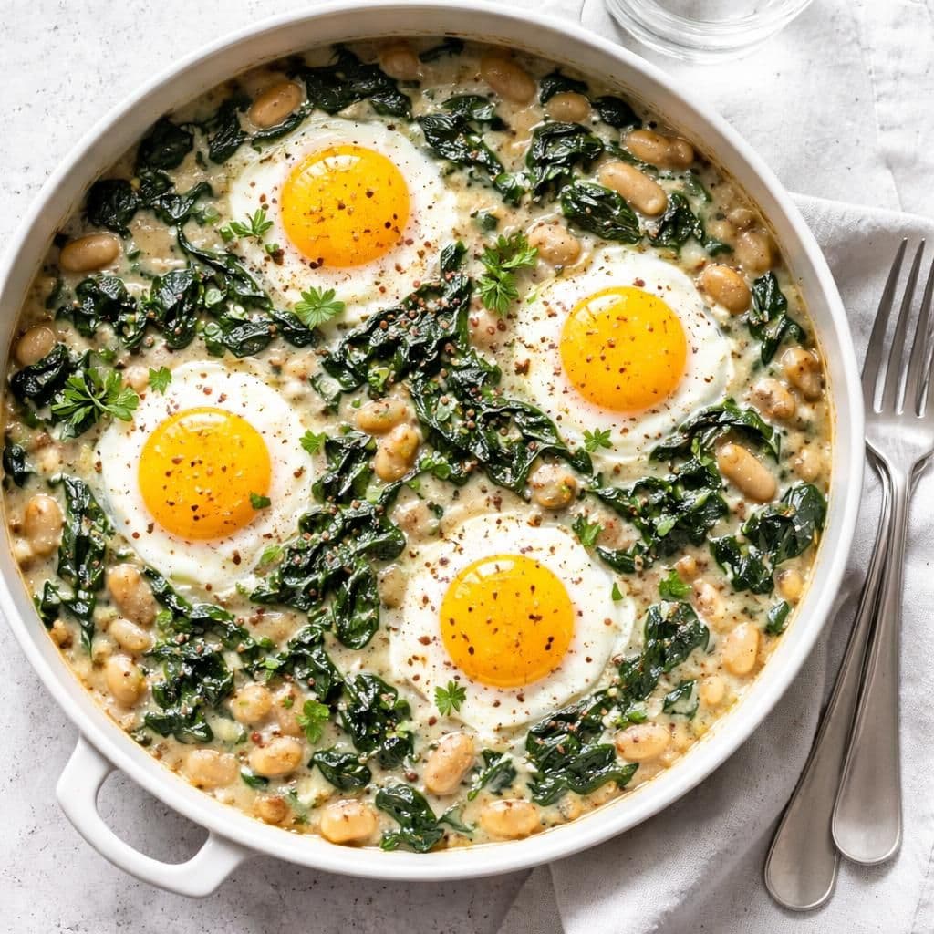 Ovnsbakt egg med spinat og hvite bønner – middag fra Rema 1000 uke 21
