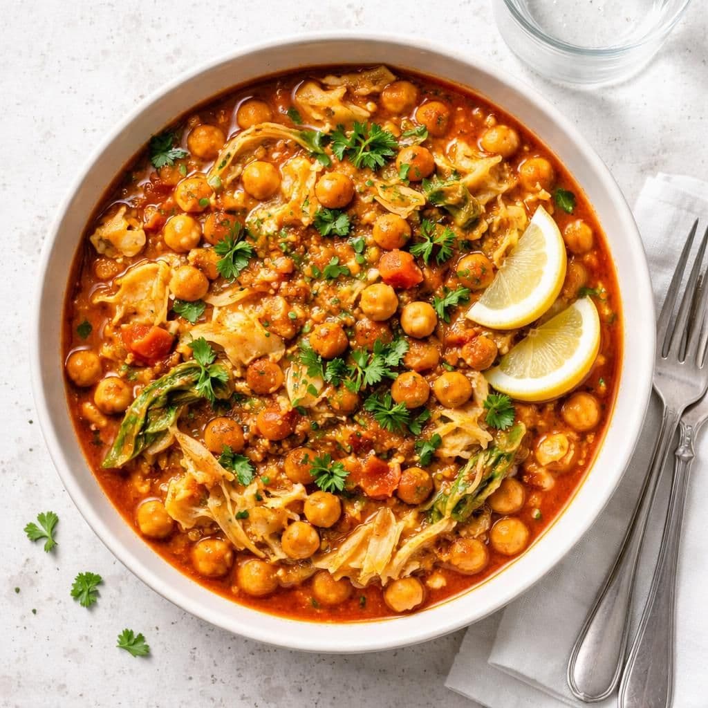 Kikertgryte med sommerkål og krydret tomatsaus – middag fra Meny uke 21