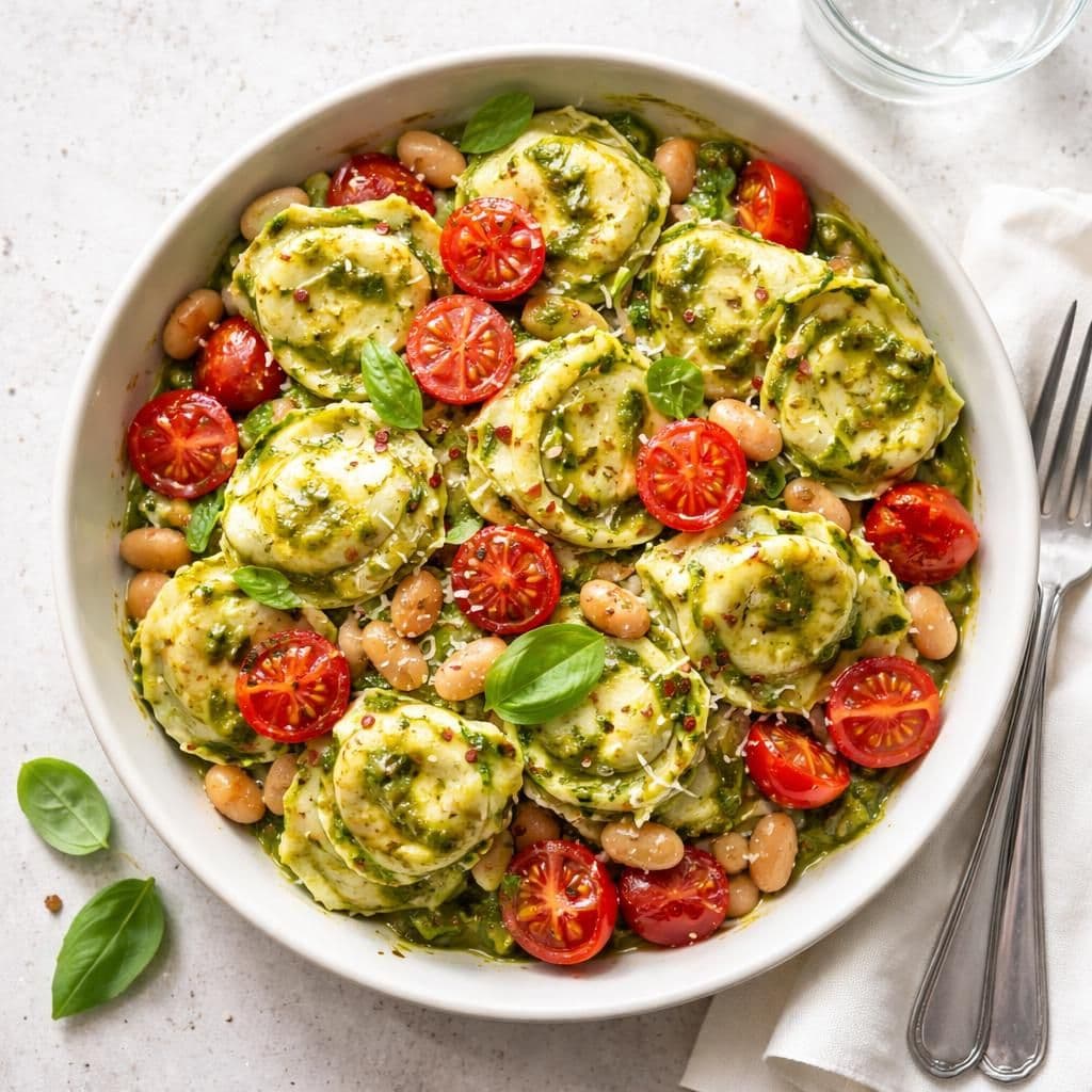 Tortelloni med pesto, piccotomater og hvite bønner – middag fra Coop Prix uke 21