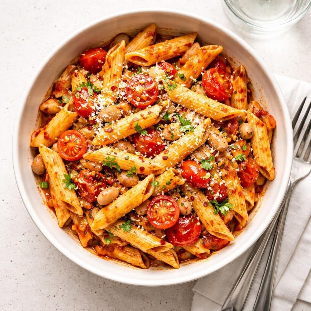 Penne med spicy tomatsaus og hvite bønner – middag fra Bunnpris uke 22