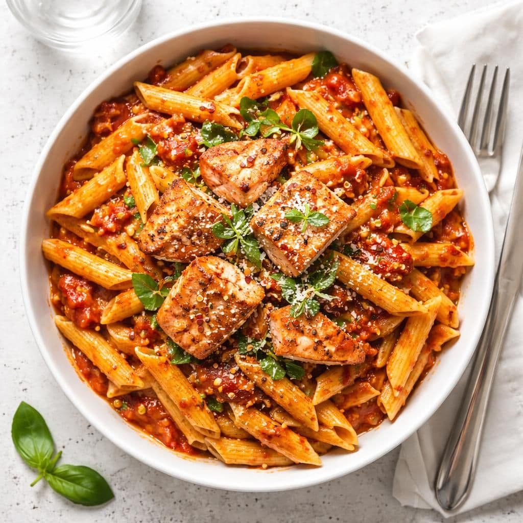 Laks med penne og spicy tomatsaus – middag fra Bunnpris uke 22
