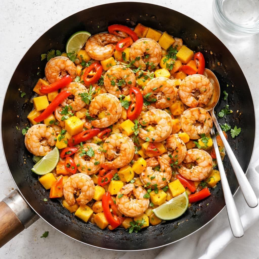 Reker med mango og paprika i wok