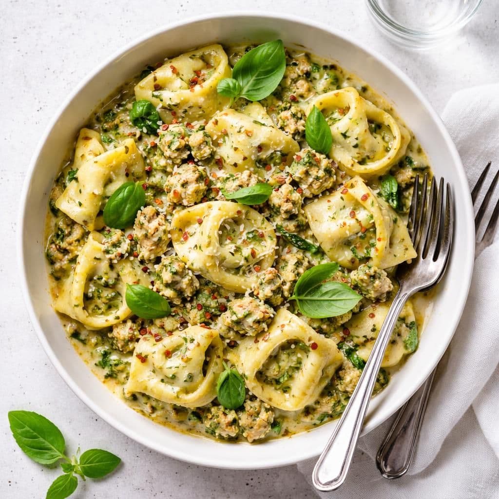 Kyllingkjøttdeig i kremet pestosaus med tortelloni – middag fra Coop Prix uke 22