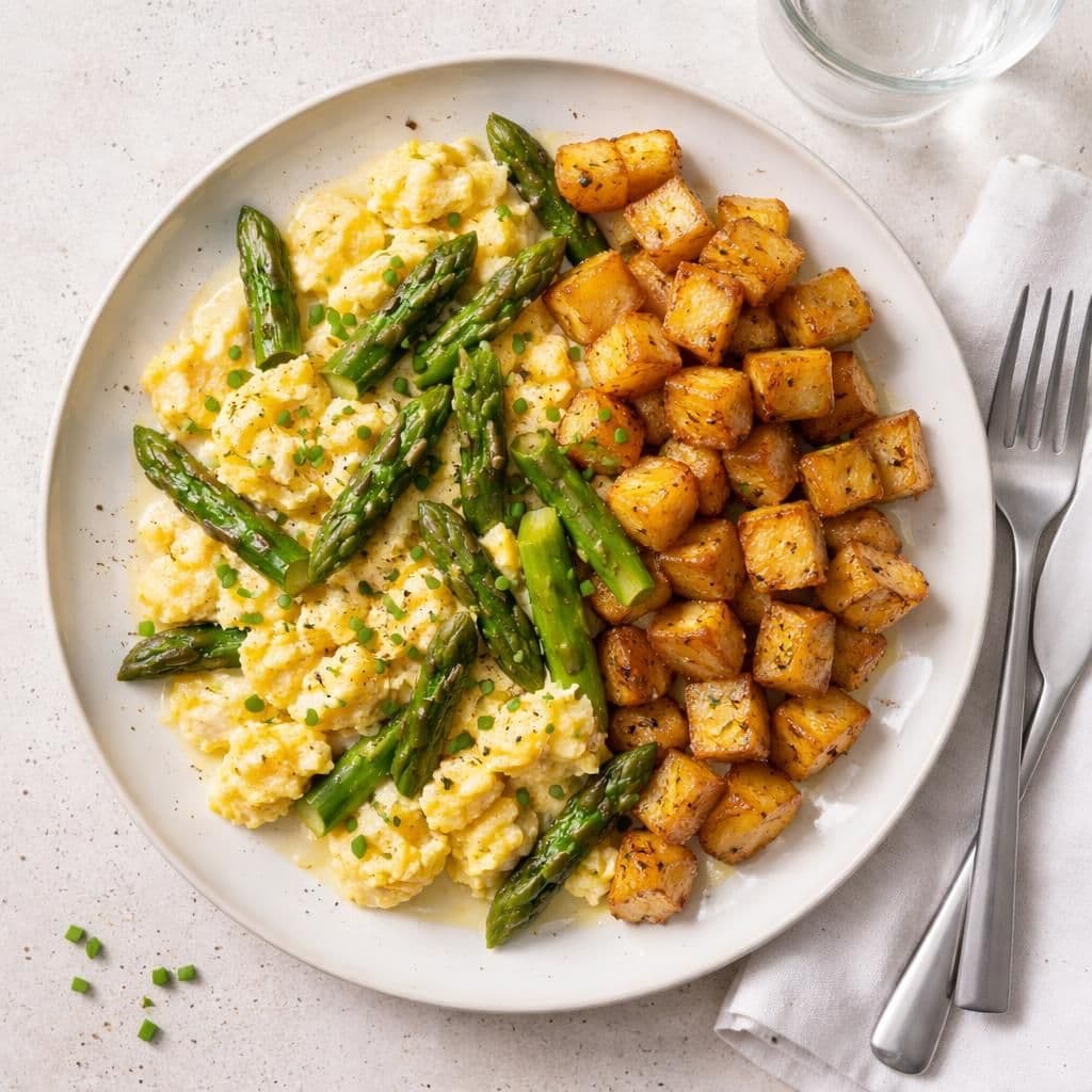 Eggerøre med asparges og stekt bakepotet