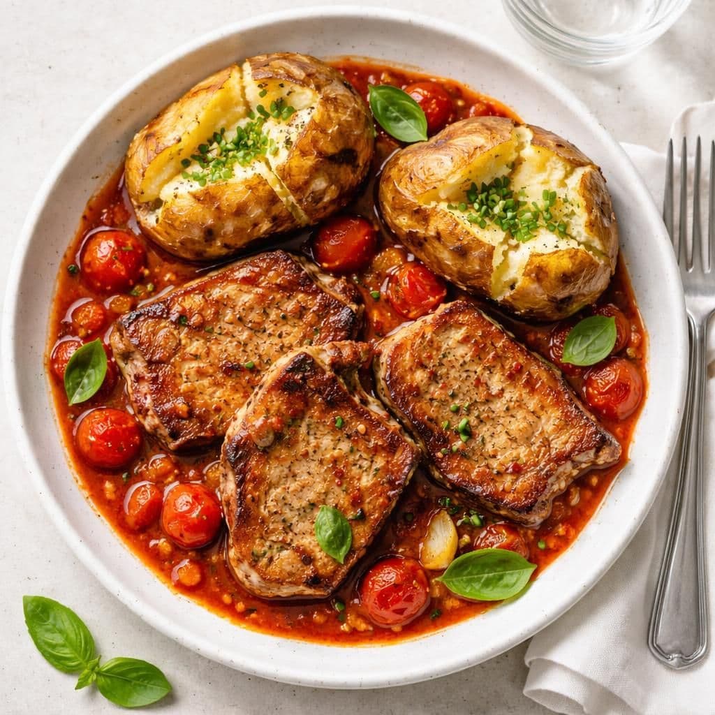Nakkekoteletter med bakepotet og tomatgryte