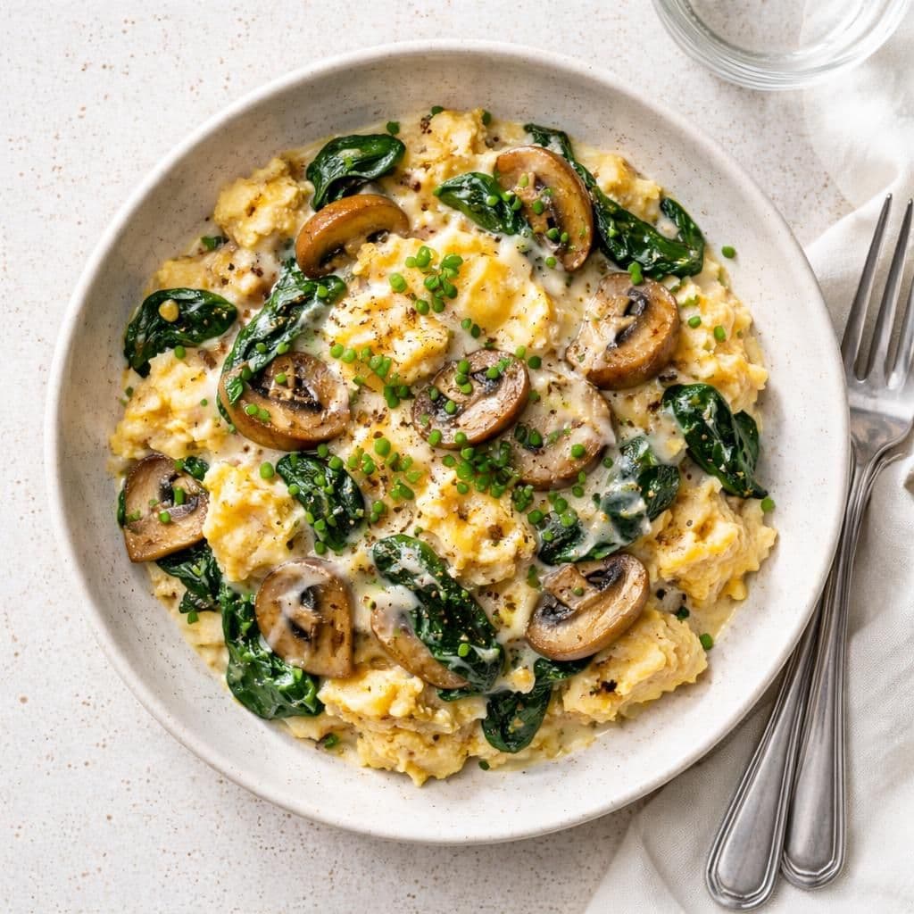 Eggerøre med champignon, spinat og smeltet ost – middag fra Rema 1000 uke 22