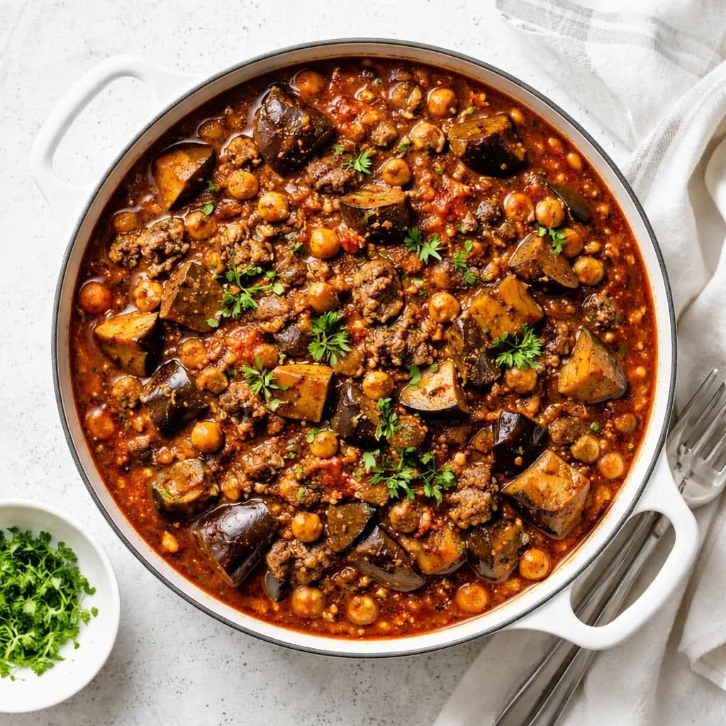 Oksekjøttdeig-gryte med aubergine og kikerter – middag fra Coop Extra uke 22