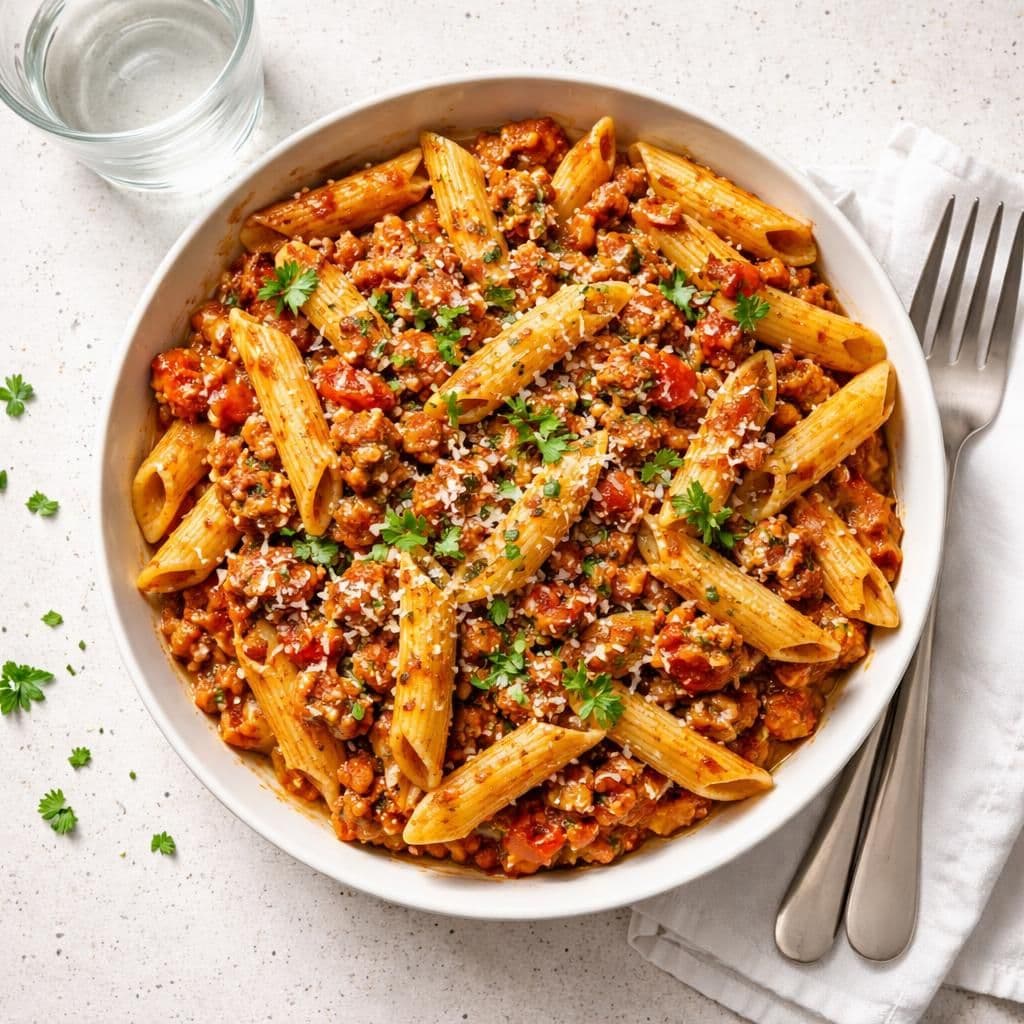 Svinekjøttdeig bolognese med penne og hakkede tomater – middag fra Bunnpris uke 22
