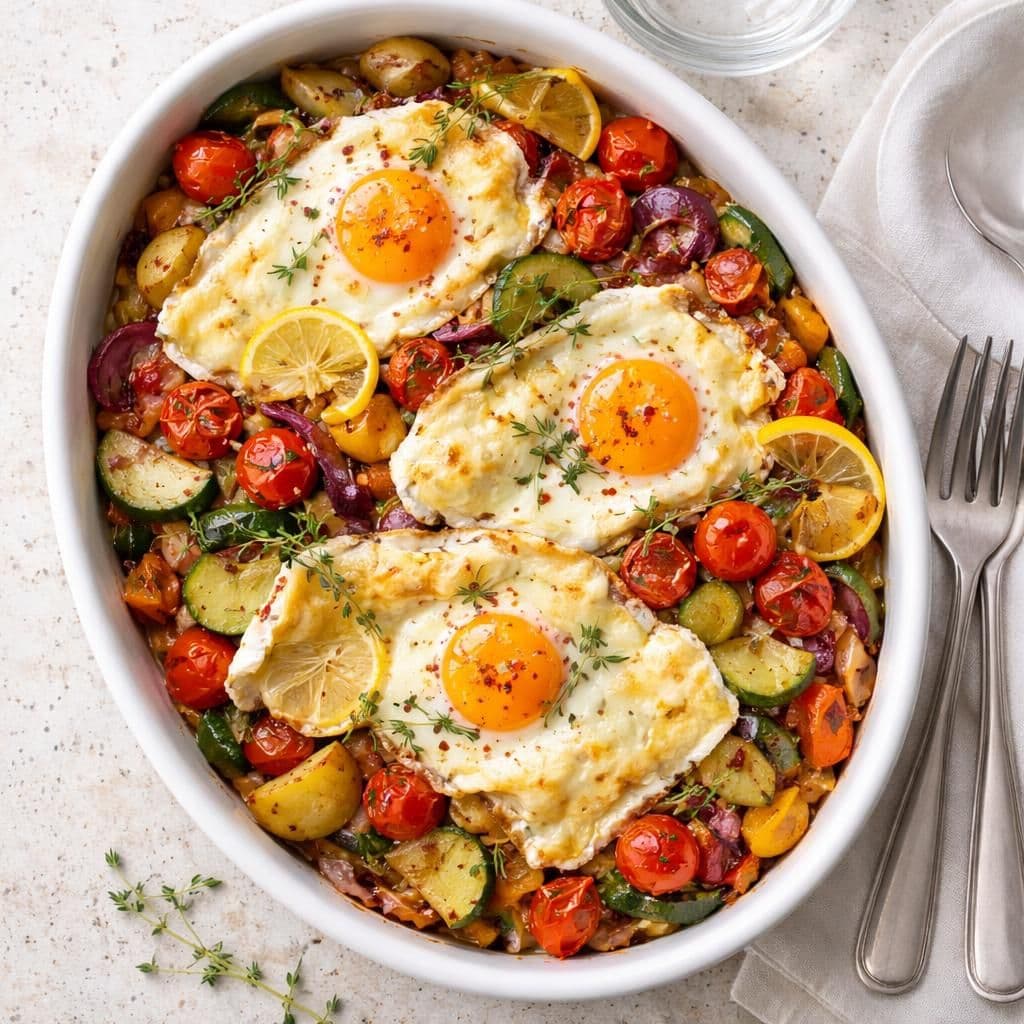 Ovnsbakte grønnsaker med egg og brie