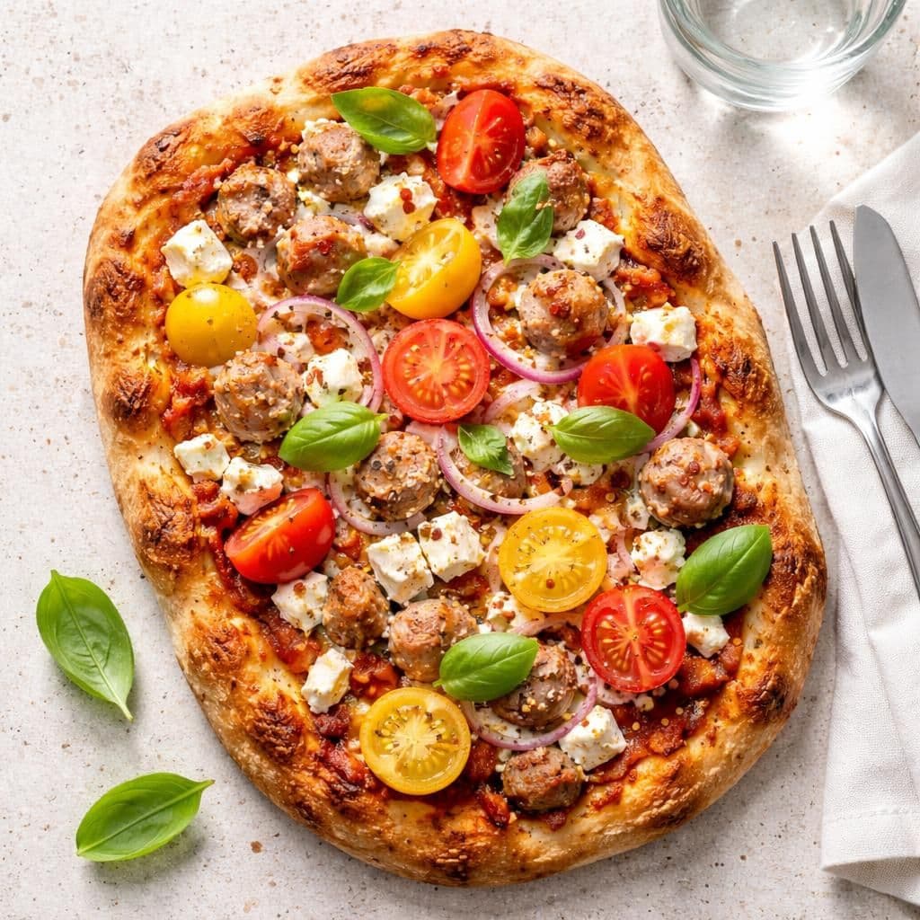 Pinsa med salsicciadeig-fri tomatpinsa og feta – middag fra Kiwi uke 22