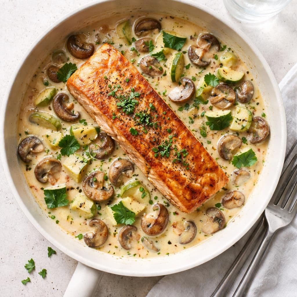 Laksefilet med aromasopp og squash i fløtesaus – middag fra Coop Extra uke 22