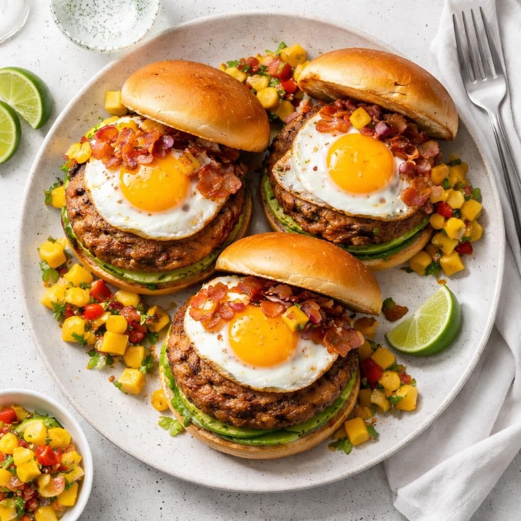 Svinedeig-burgere med bacon, egg og mangosalsa – middag fra Coop Prix uke 22