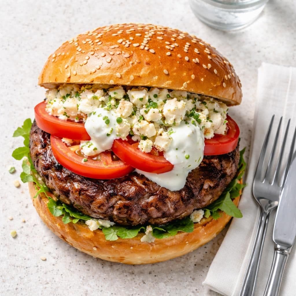 Angusburger med salatost, tomat og rømmedressing – middag fra Meny uke 24