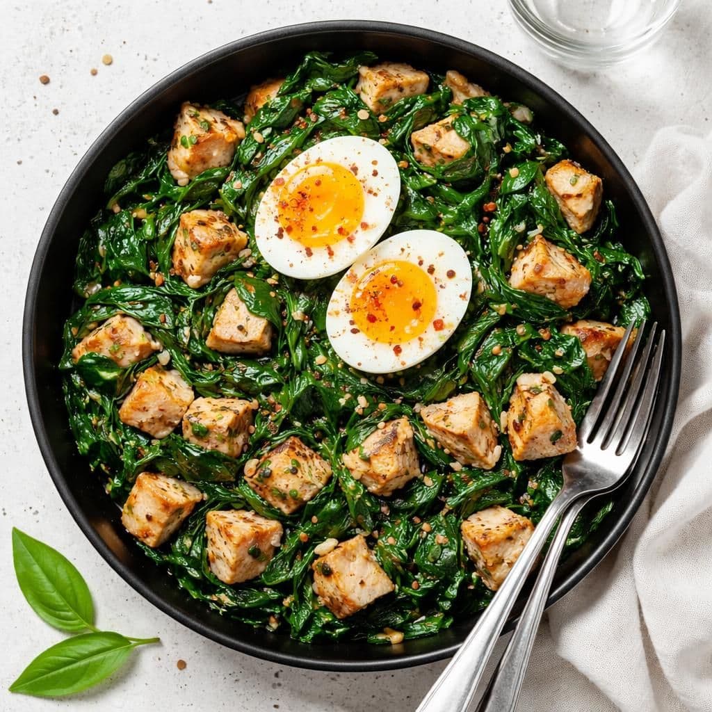 Kyllingfilet med ramsløk, spinat og egg i panne – middag fra Rema 1000 uke 24