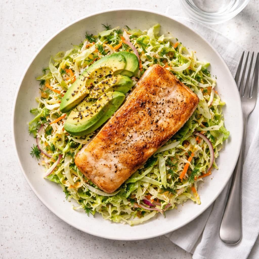 Stekt sei med sommerkålsalat og avokado