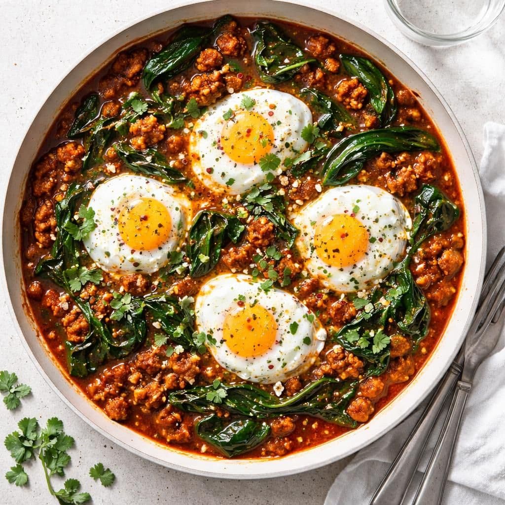 Svinekjøttdeig i krydret tomatsaus med egg og spinat – middag fra Meny uke 24