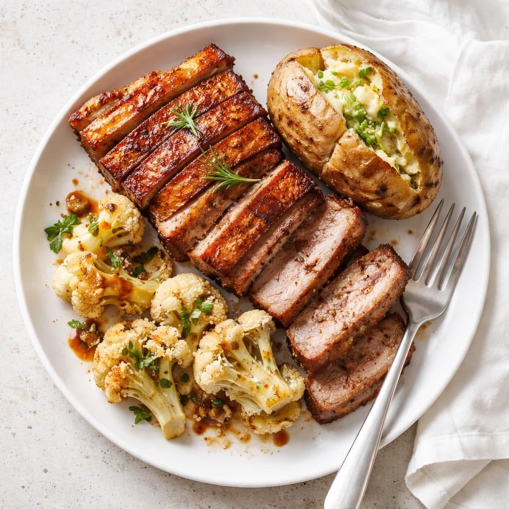 Grillribbe i ovn med blomkål og bakepotet