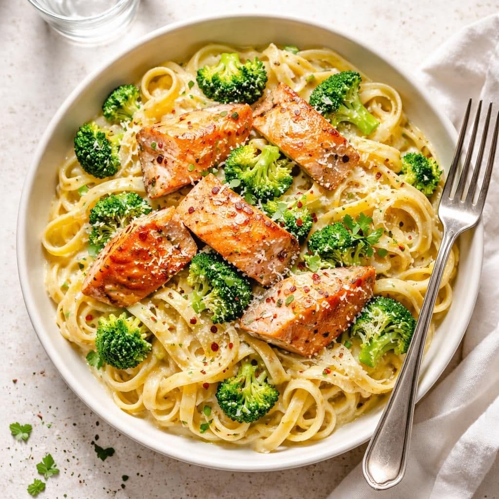 Laks med fettucine, brokkoliblanding og kremet hvitløkssaus – middag fra Coop Prix uke 24